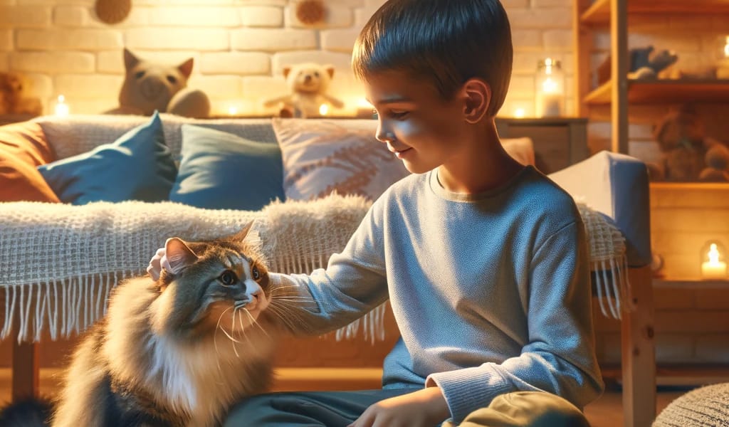 A young boy smiles as he gently strokes a fluffy cat in a cozy, well-lit therapy room.