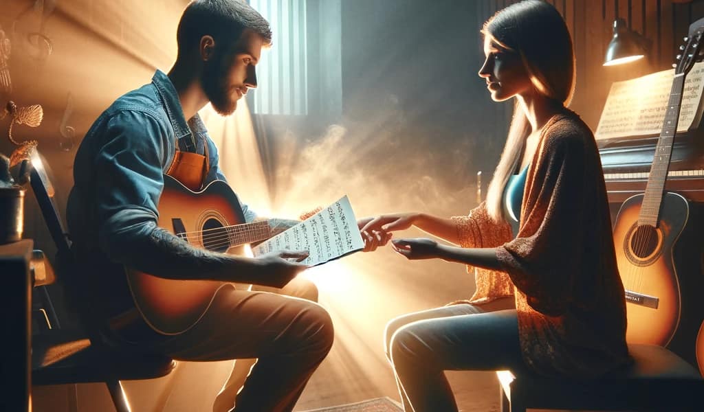 A man and woman collaborating in a music therapy session with a guitar, highlighting the role of rhythm in speech therapy.