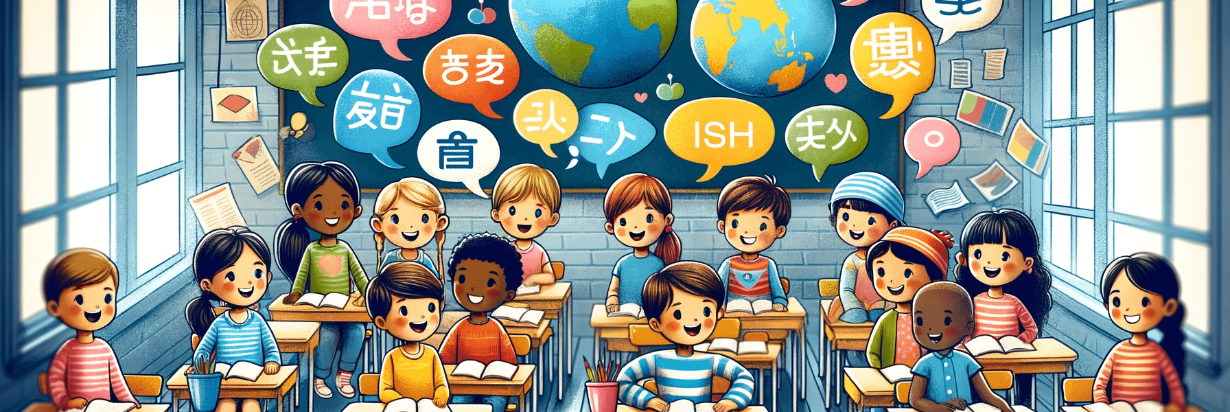 Diverse group of children in a classroom with speech bubbles in various languages, symbolizing speech therapy for multilingual learners.