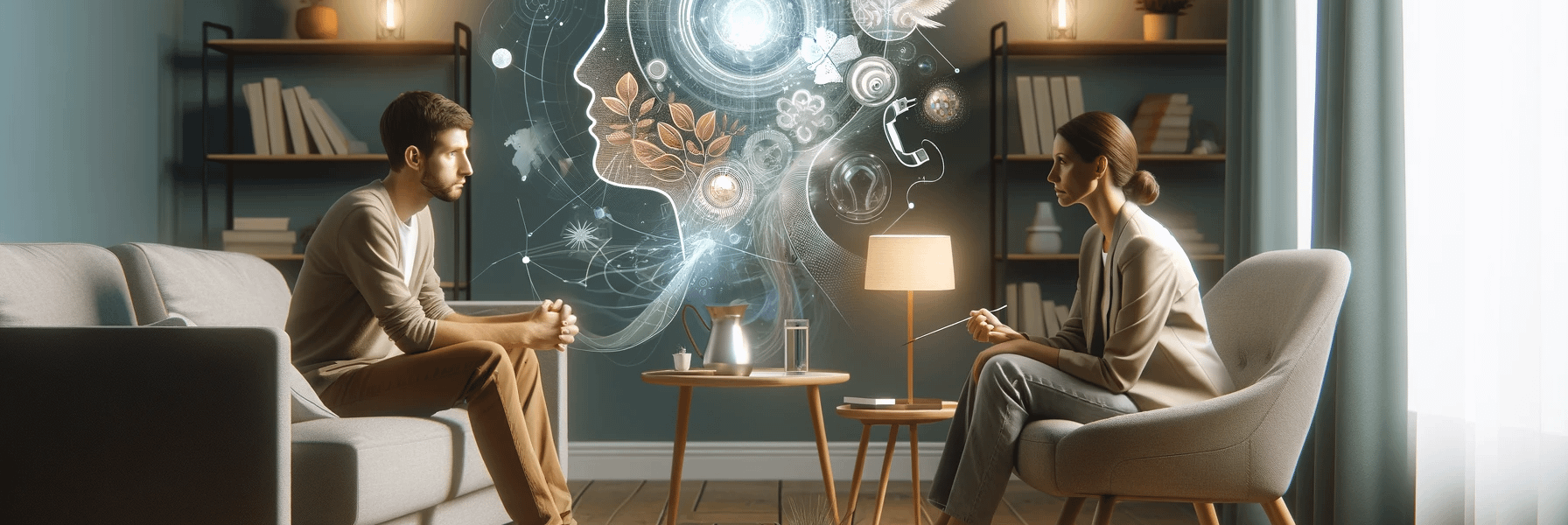 A speech-language pathologist attentively listens to a client, visualized by abstract thought bubbles depicting the therapeutic process