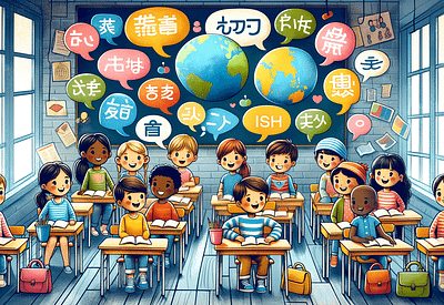 Diverse group of children in a classroom with speech bubbles in various languages, symbolizing speech therapy for multilingual learners.