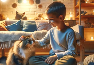 A young boy smiles as he gently strokes a fluffy cat in a cozy, well-lit therapy room.